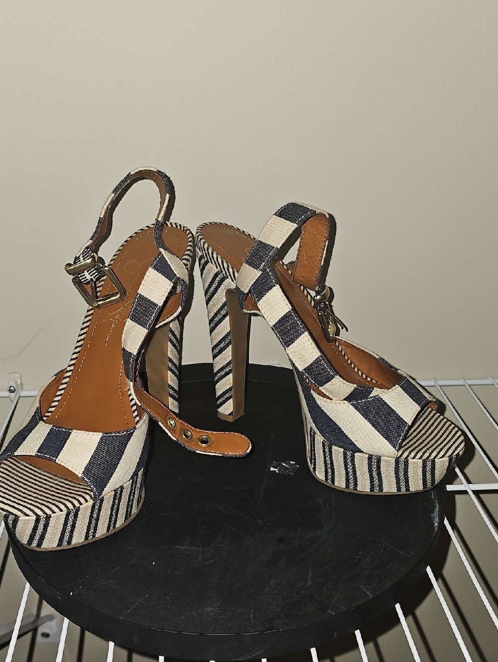 Jessica Simpson Navy and Cream Striped Platform Slingback Heels